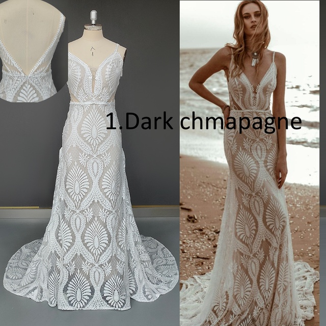 Vestido De Noiva Boho Chic Renda Decote V Alcinha Costas Nuas Praia - Imagem 2